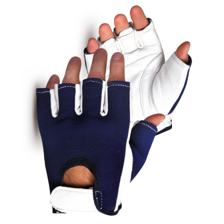 Vibrastop goatskin & nylon half-finger vibration-dampening gloves with adjustable padded wrist straps. Sold by the pair.