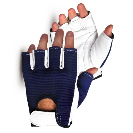 Vibrastop goatskin & nylon half-finger vibration-dampening gloves with adjustable padded wrist straps. Sold by the pair.