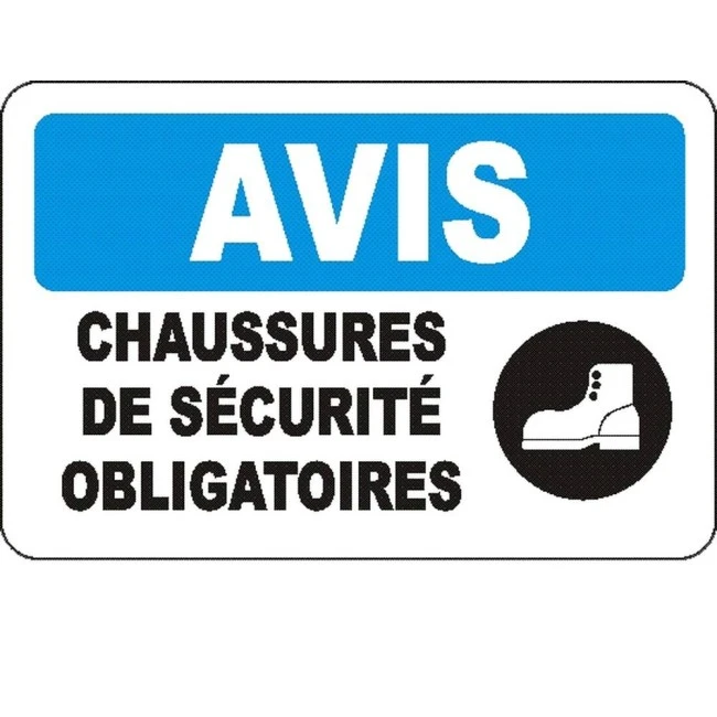 Affiche OSHA «Avis Chaussures de sécurité obligatoires» en français: langues, options, formats & matériaux variés Affiche OSHA «Avis Chaussures de sécurité obligatoires» en français: langues, options, formats & matériaux variés
