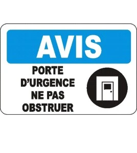 Affiche OSHA «Avis Porte d’urgence Ne pas obstruer» en français: langues, options, formats & matériaux variés