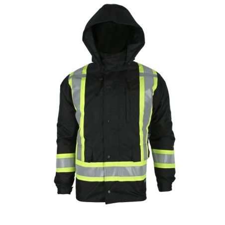 Manteau d’hiver basse visibilité 7-en-1 noir à bandes rétroréfléchissantes, CSA Z96-15 classe 1 niveau 2.