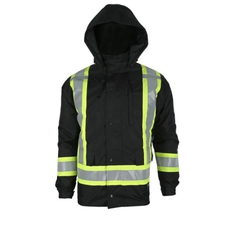 Manteau d’hiver basse visibilité 7-en-1 noir à bandes rétroréfléchissantes, CSA Z96-15 classe 1 niveau 2.
