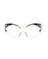 3M SF401SecureFit protective eyewear with anti-fog treated clear polycarbonate lenses with black temples w/ neon green accents