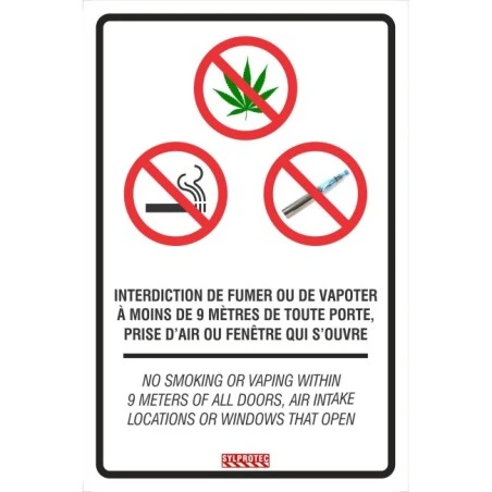 Affiche bilingue « Interdiction de fumer, vapoter et de consommer du cannabis à moins de 9 mètres »  2 matériels disponibles.