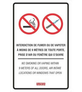 Affiche bilingue « Interdiction de fumer ou de vapoter à moins de 9 mètres » disponible en deux matériels. 