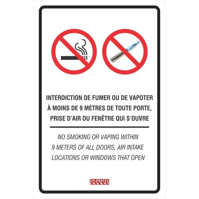 Affiche bilingue « Interdiction de fumer ou de vapoter à moins de 9 mètres » disponible en deux matériels. 