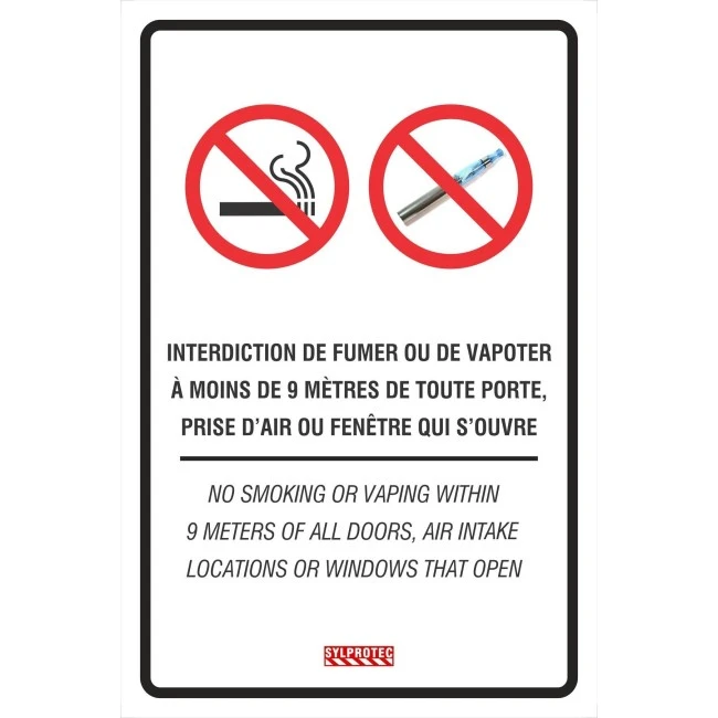 Affiche bilingue « Interdiction de fumer ou de vapoter à moins de 9 mètres » disponible en deux matériels. 