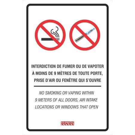 Affiche bilingue « Interdiction de fumer ou de vapoter à moins de 9 mètres » disponible en deux matériels. 