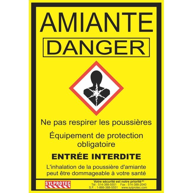 Statutory & compulsory sign for Quebec construction sites involving asbestos related activities. 14"x18.5". Only in French. Statutory & compulsory sign for Quebec construction sites involving asbestos related activities. 14"x18.5". Only in French.