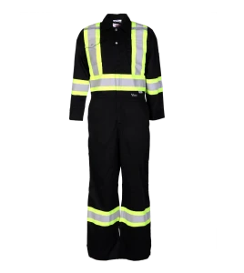 Black coveralls with reflective stripes.