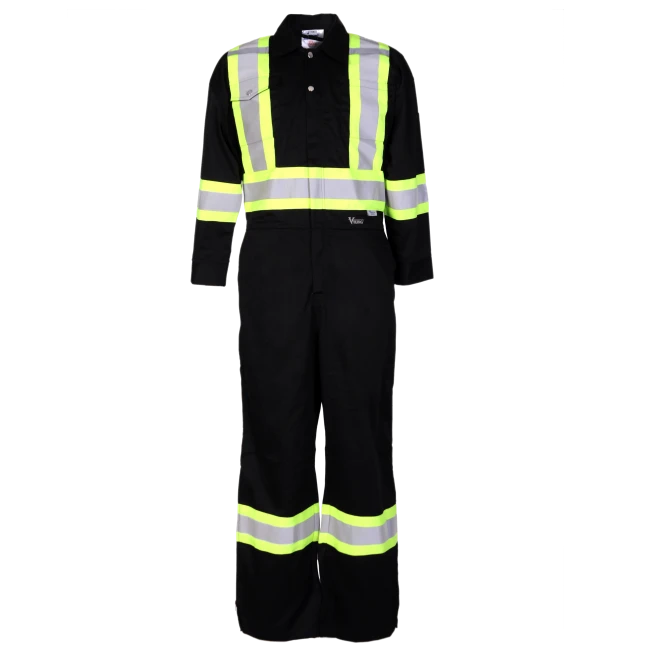 Black coveralls with reflective stripes.