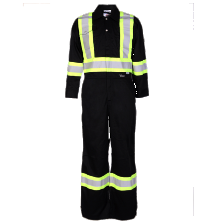 Black coveralls with reflective stripes.