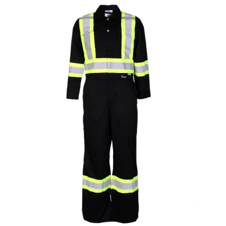 Black coveralls with reflective stripes.