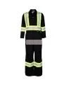 Black coveralls with reflective stripes.