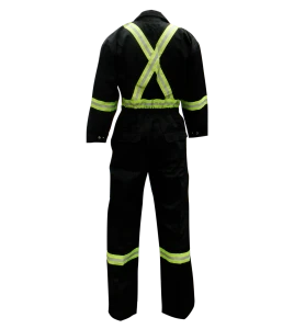 Black coveralls with reflective stripes.