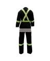 Black coveralls with reflective stripes.