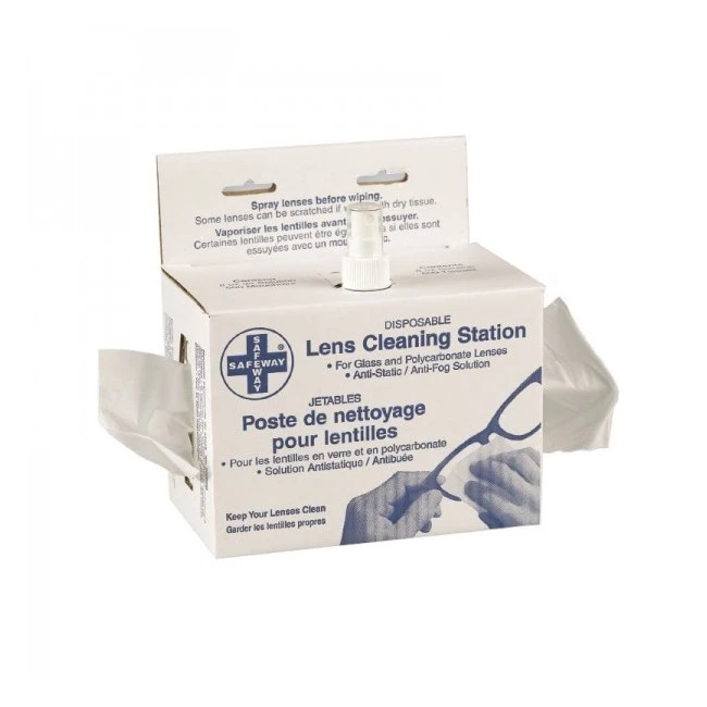 Lens cleaning station with cleaning tissues and lens solution.