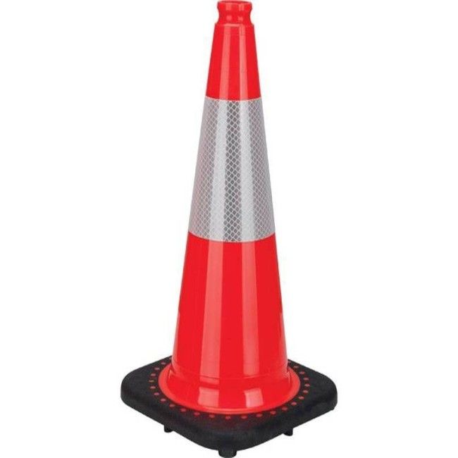 Orange traffic cone whit 4 in collar, 28 in. long, weight: 7.5 lbs. Made from 100% PVC.