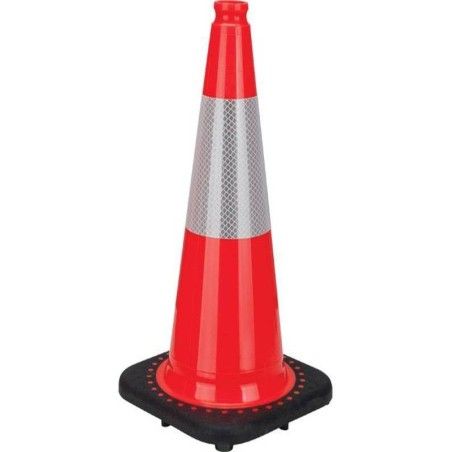 Orange traffic cone whit 4 in collar, 28 in. long, weight: 7.5 lbs. Made from 100% PVC.