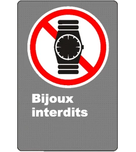 Affiche CSA « Bijoux interdits »  montre, de langue française: formats variés, matériaux divers, d’autres langues & options