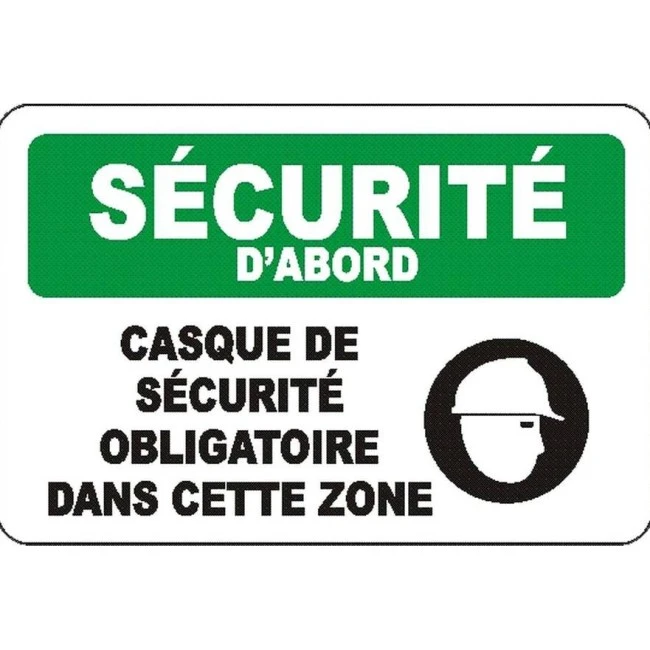 French OSHA “Safety First Safety Helmet Required in this Area” sign in various sizes, materials, languages & options available