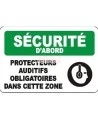 Affiche OSHA «Sécurité d’abord Protecteurs auditifs obligatoires dans cette zone»: langues, options, formats & matériaux variés