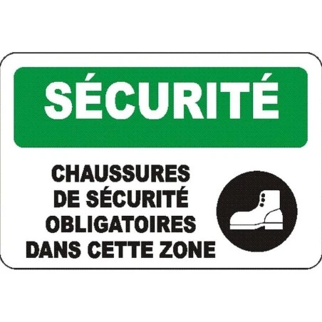 French OSHA “Safety Protective Footwear Required in this Area” sign: various sizes, materials, languages & optional features