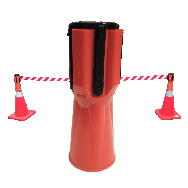 Tensacone traffic cone topper with retractable red & white striped barrier belt, max length 13 feet (4 m). Tensacone traffic cone topper with retractable red & white striped barrier belt, max length 13 feet (4 m).