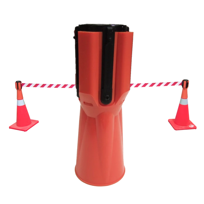 Tensacone traffic cone topper with retractable red & white striped barrier belt, max length 13 feet (4 m).