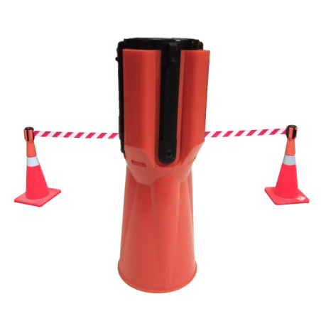Tensacone traffic cone topper with retractable red & white striped barrier belt, max length 13 feet (4 m).