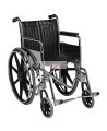 Folding wheelchair with steel frame and leatherette upholstery.