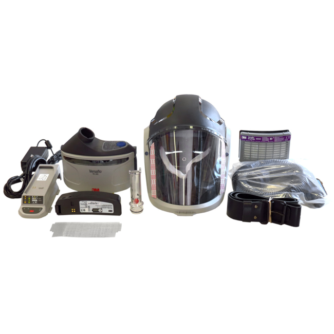Ensemble Versaflo complet pour épuration d’air motorisé en milieu industriel de 3M. Casque dur et facteur de protection de 25. Ensemble Versaflo complet pour épuration d’air motorisé en milieu industriel de 3M. Casque dur et facteur de protection de 25.