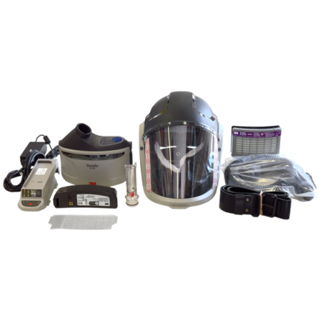 3M complete Versaflo powered air purifying respirator kit for industrial work. Hard hat facepiece and protective factor of 25.