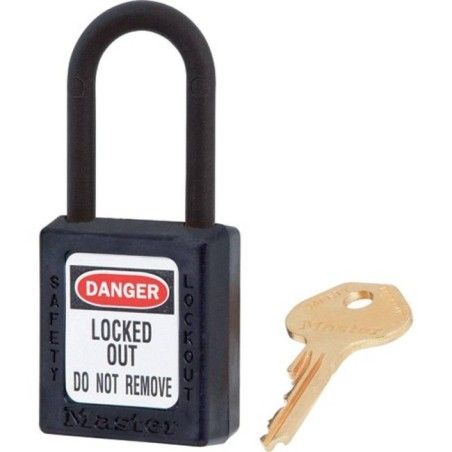 MasterLock 406 dielectric lock made of black Zenex thermoplastic, with one key.