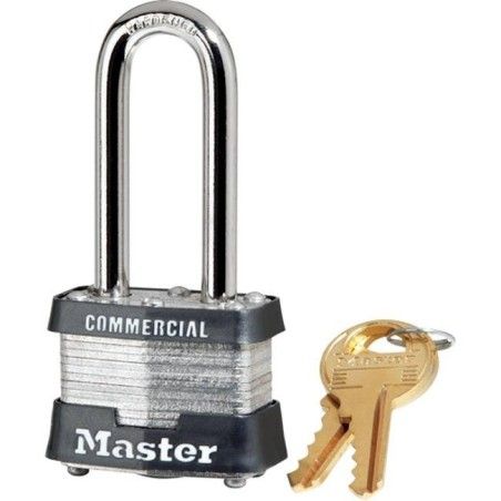 Regular padlock 1 ½ in (38 mm) wide laminated steel body with case hardened steel shackle. Size: 1 9/16 in wide.