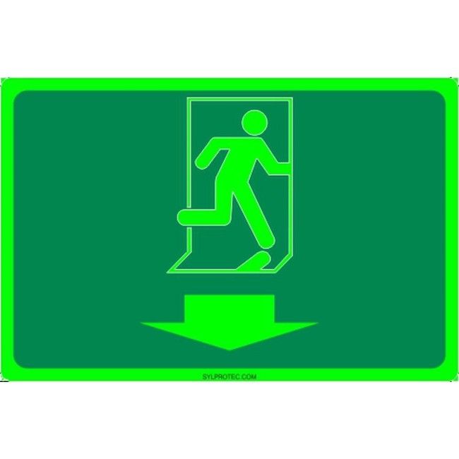 Affiche Sortie pictogramme photoluminescent running man flèche en bas choix formats matériaux et formes