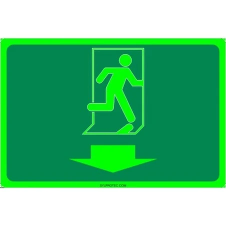 Affiche Sortie pictogramme photoluminescent running man flèche en bas choix formats matériaux et formes