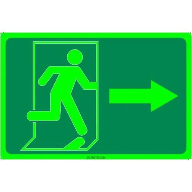 Photo luminescent pictogram sign running man with right arrow in various sizes shapes materials 