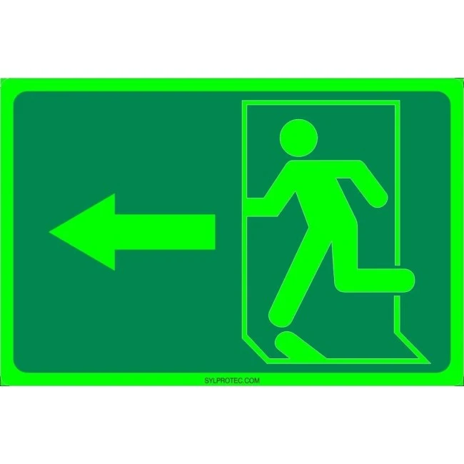 Photo luminescent pictogram sign running man with left arrow in various sizes shapes materials 