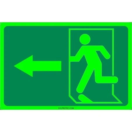 Photo luminescent pictogram sign running man with left arrow in various sizes shapes materials 