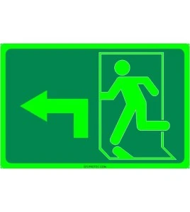 Photo luminescent pictogram sign running man with 90 degree left arrow in various sizes shapes materials 