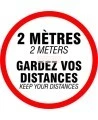 Affiche de sol ronde gardez vos distances en autocollant laminé antidérapant.  diamètre 18" disponible pour achat en ligne sur s