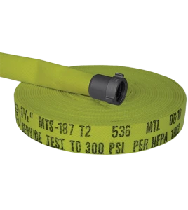 Forestry single-jacket fire hose, 1.5 in x 100 ft, with aluminium coupling.