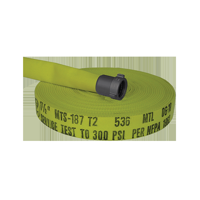 Boyau d’incendie forestier à enveloppe simple, 1.5 po x 100 pi, accouplement en aluminium. Boyau d’incendie forestier à enveloppe simple, 1.5 po x 100 pi, accouplement en aluminium.