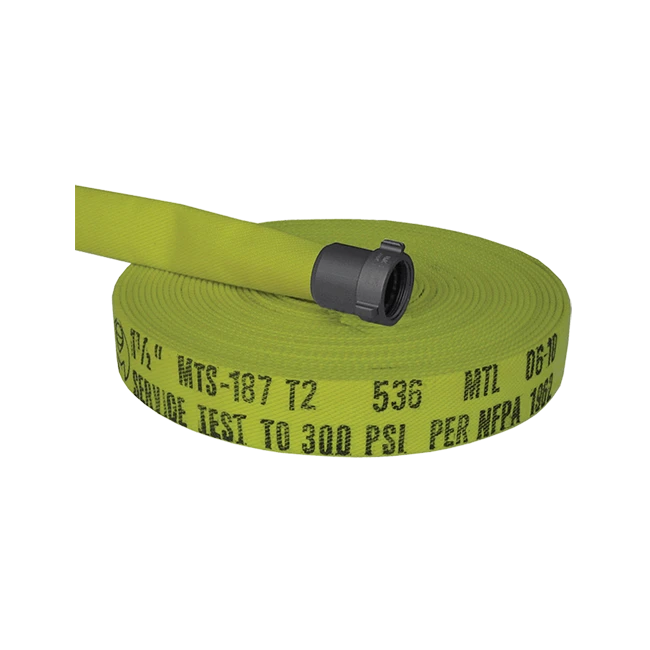 Forestry single-jacket fire hose, 1.5 in x 100 ft, with aluminium coupling.