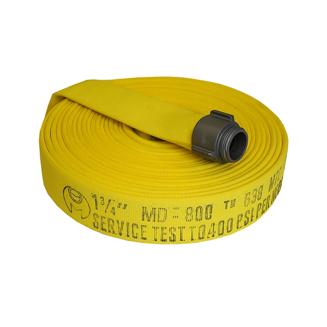 Permatek yellow fire hose with double jacket, 1.5 in x 50 ft, with aluminium coupling.
