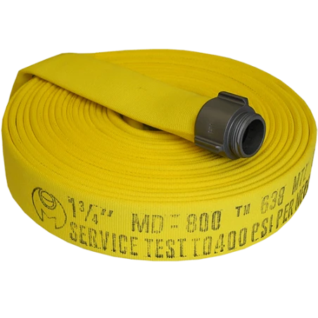Permatek yellow fire hose with double jacket, 1.5 in x 50 ft, with aluminium coupling.