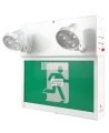 Combo LED emergency exit sign with green Running Man and 2 spotlights, steel casing, with back-up battery