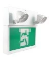 Combo LED emergency exit sign with green Running Man and 2 spotlights, steel casing, with back-up battery