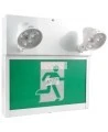 Unité d’éclairage d’urgence combo avec pictogramme vert «personne qui court» et 2 phares DEL, boîtier en métal, batterie incluse